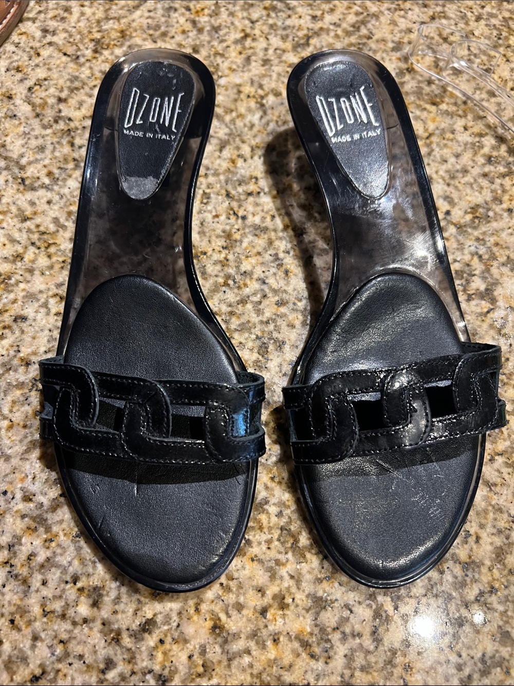 Ozone Black Leather Slide Mules with Link-Style Strap